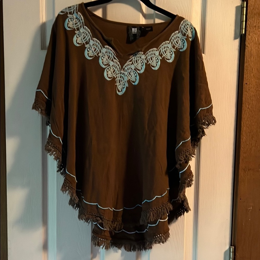 Brown Embroidered Fringe Poncho Tunic in Brown with Light Blue Trim